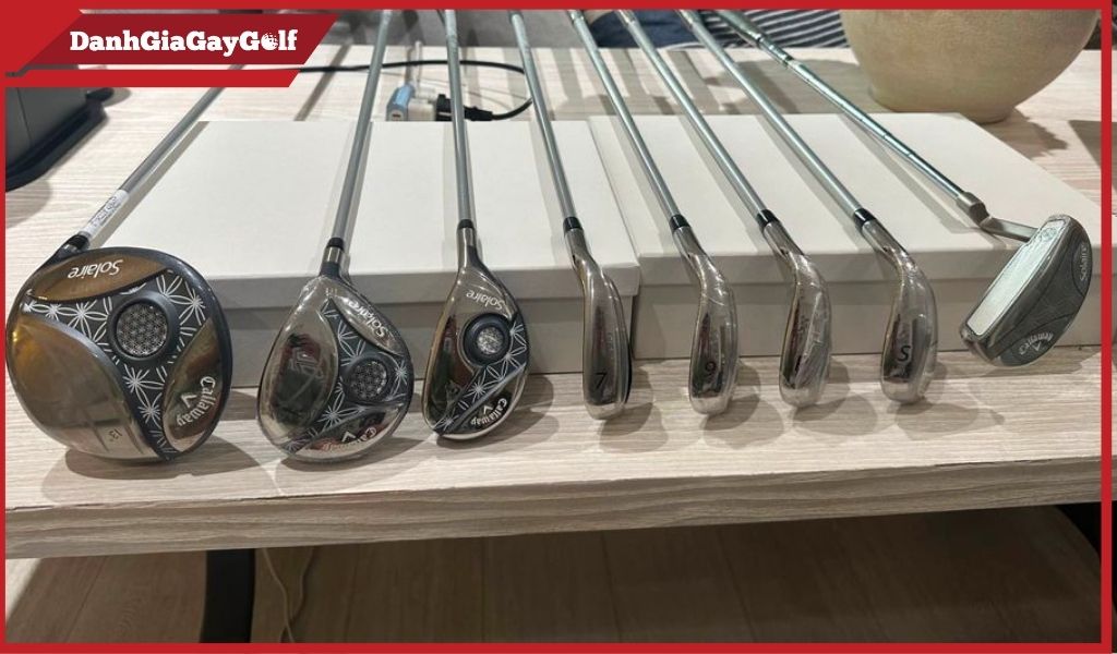 Bộ gậy golf Callaway Solaire nổi bật với các hoạ tiết hoa văn trên mặt gậy.